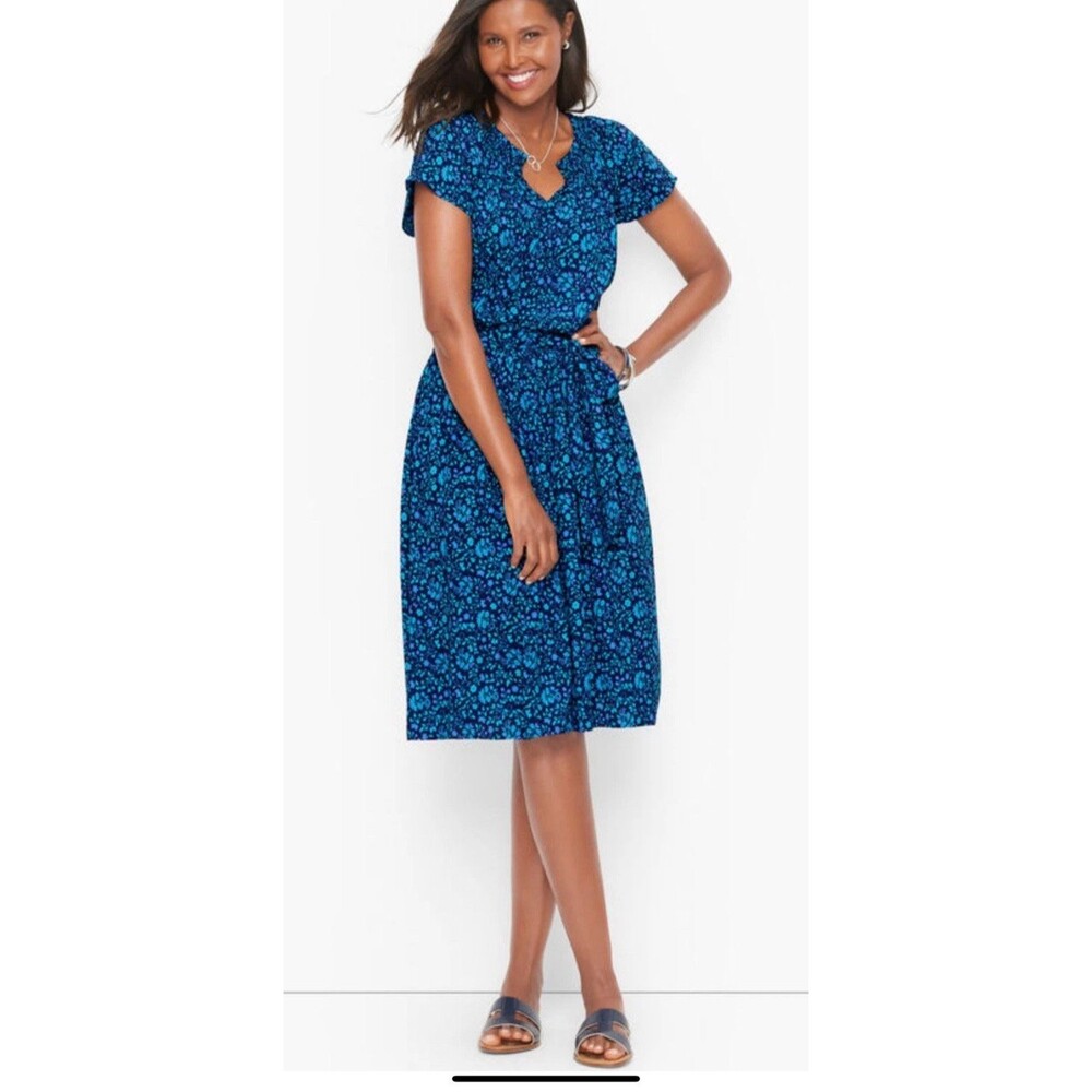Talbots Dress Womens Petite 3XP Blue Smocked Ditsy Floral Tie Waist‎ Cottagecore